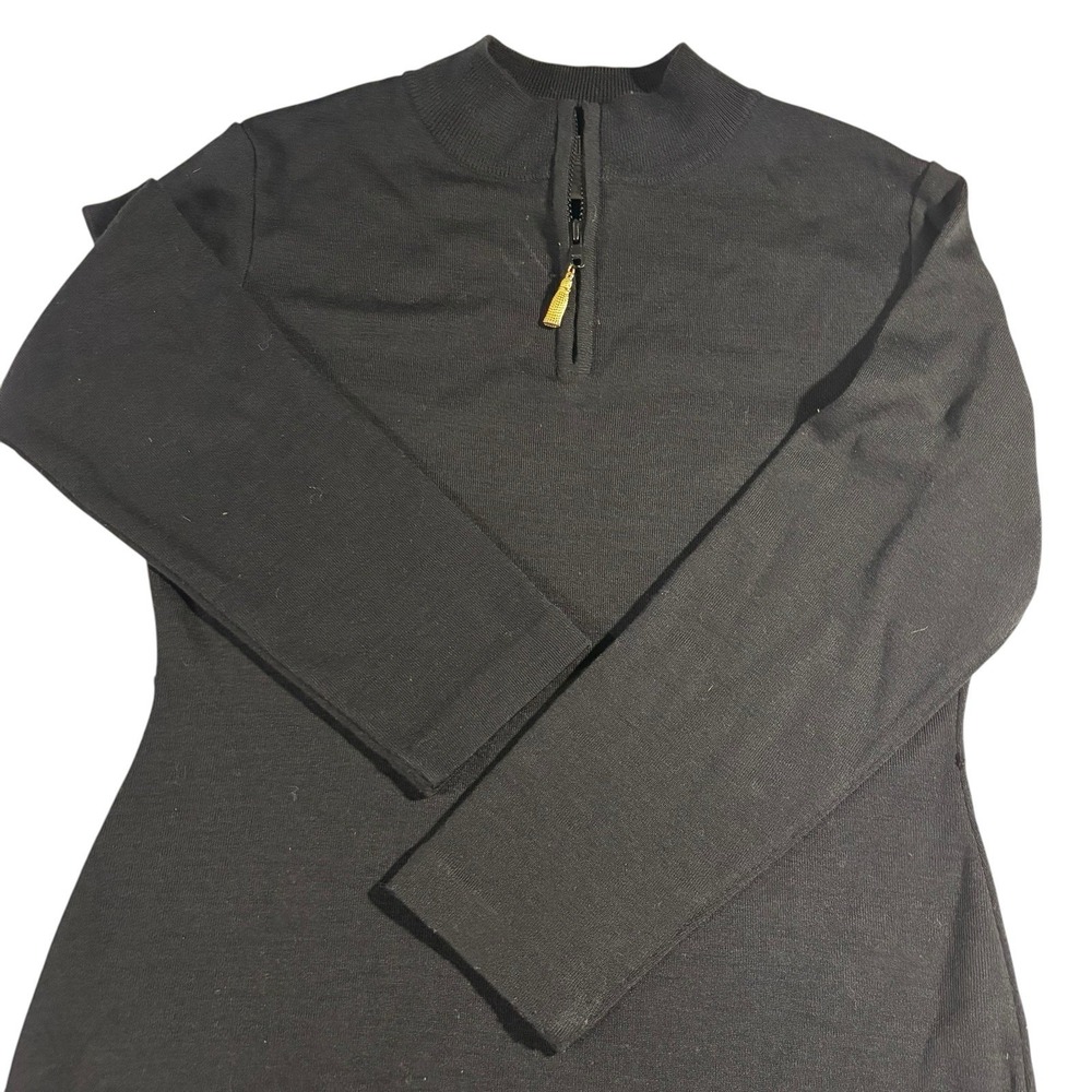 Petite Sophisticate Long Sleeve Collared Black Midi Dress Gold Tassel Sz Small